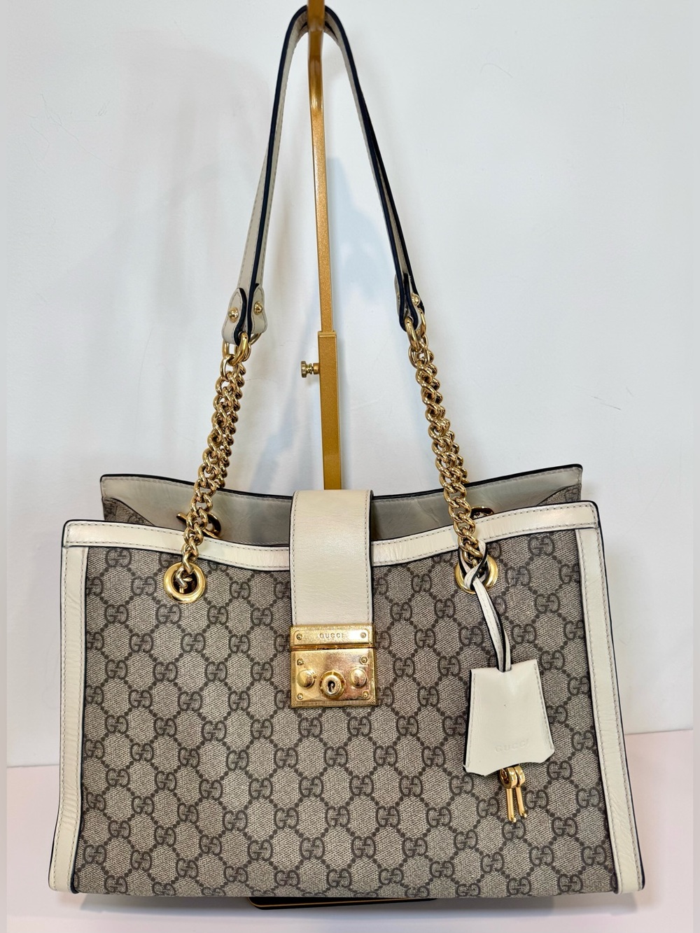 Gucci GG Supreme Beige & White Monogram Medium Padlock Tote W Gold Chain Strap
